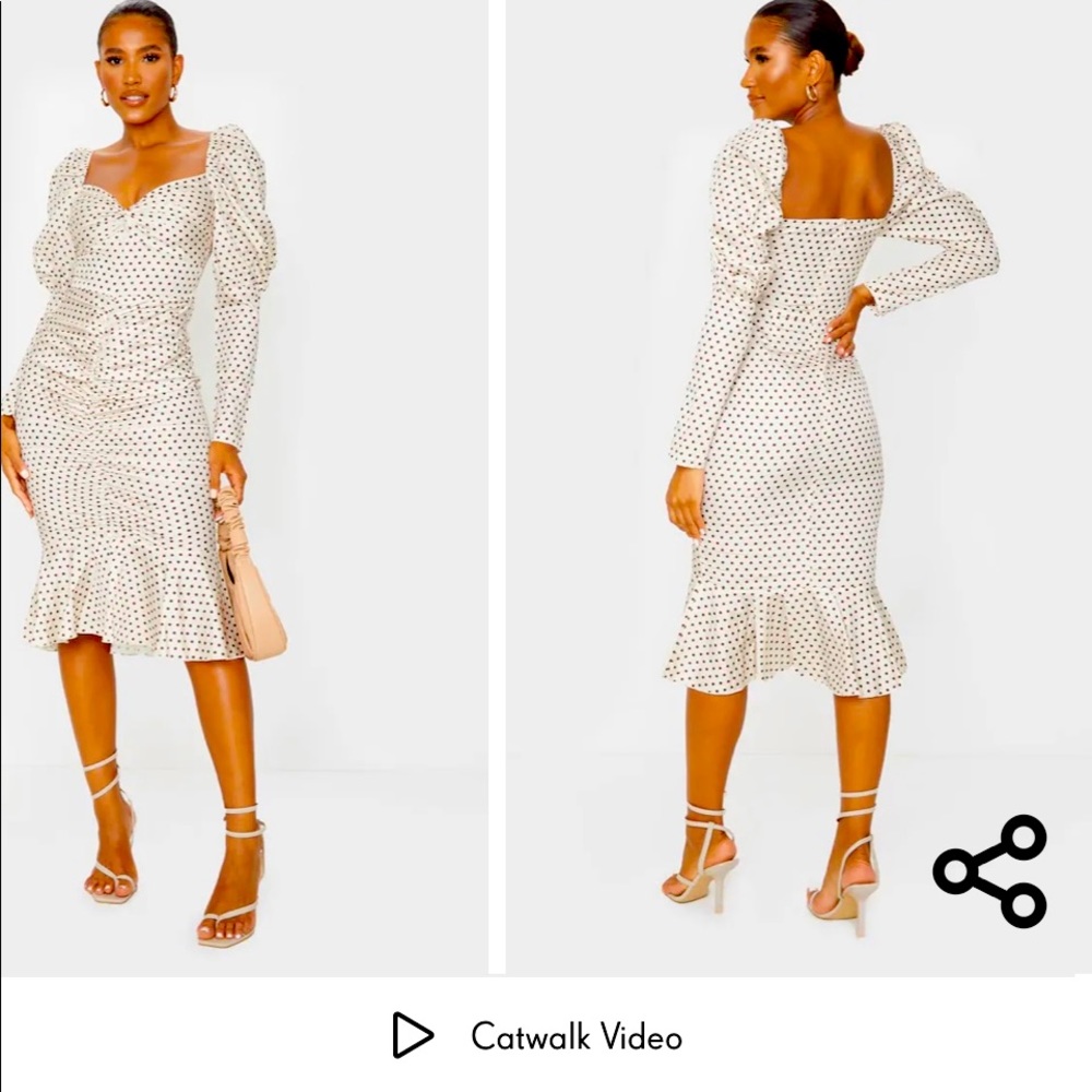 Nude Polka Dot Puff Sleeve Ruched Detail Frill Hem Midi Dress